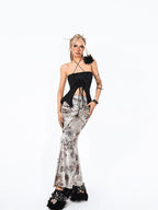 Arielink Vintage Distressed Ruched Tie Back Halter Cropped Women's Tank Tops