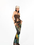 Arielink Vintage Distressed Ruched Tie Back Halter Cropped Women's Tank Tops