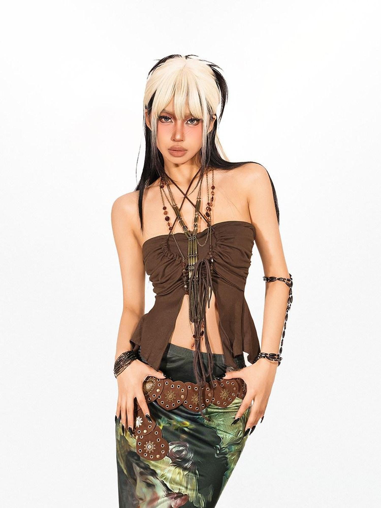 Arielink Vintage Distressed Tie Back Halter Ruched Slim Women's Tank Tops