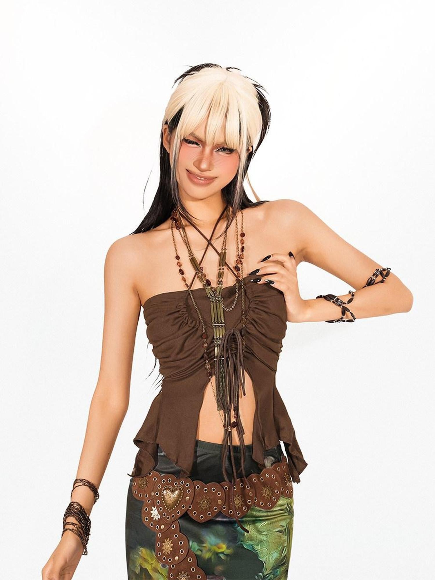 Arielink Vintage Distressed Tie Back Halter Ruched Slim Women's Tank Tops