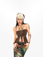 Arielink Vintage Distressed Tie Back Halter Ruched Slim Women's Tank Tops