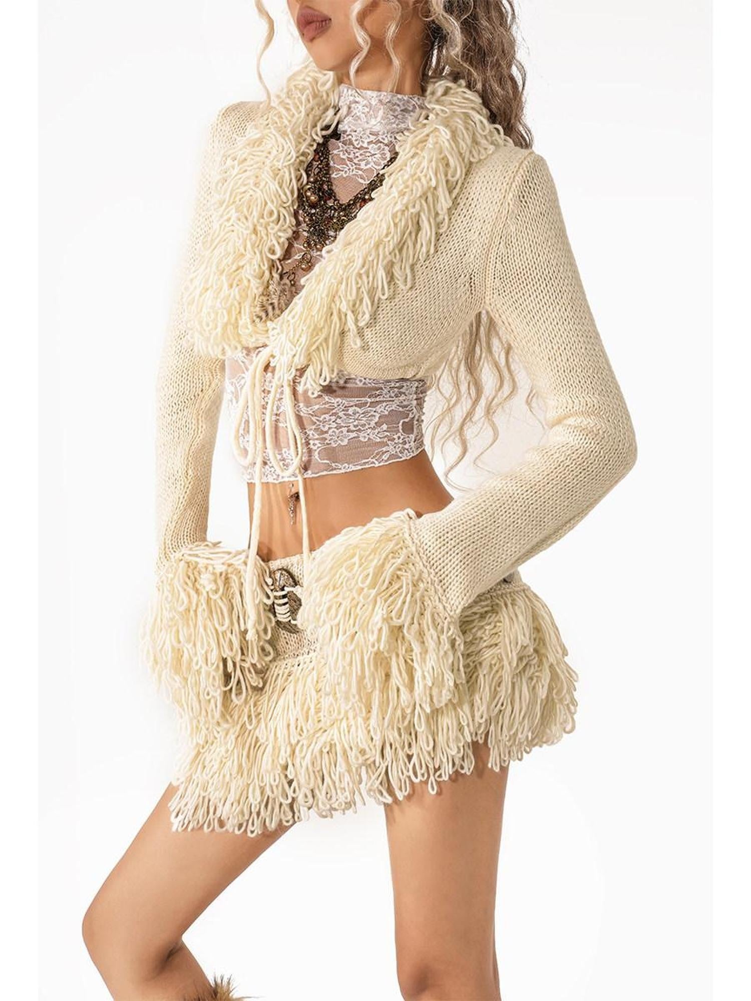 Arielink Vintage Fringe Cardigan V-neck Button Women's Knit Top & Skirt Sets