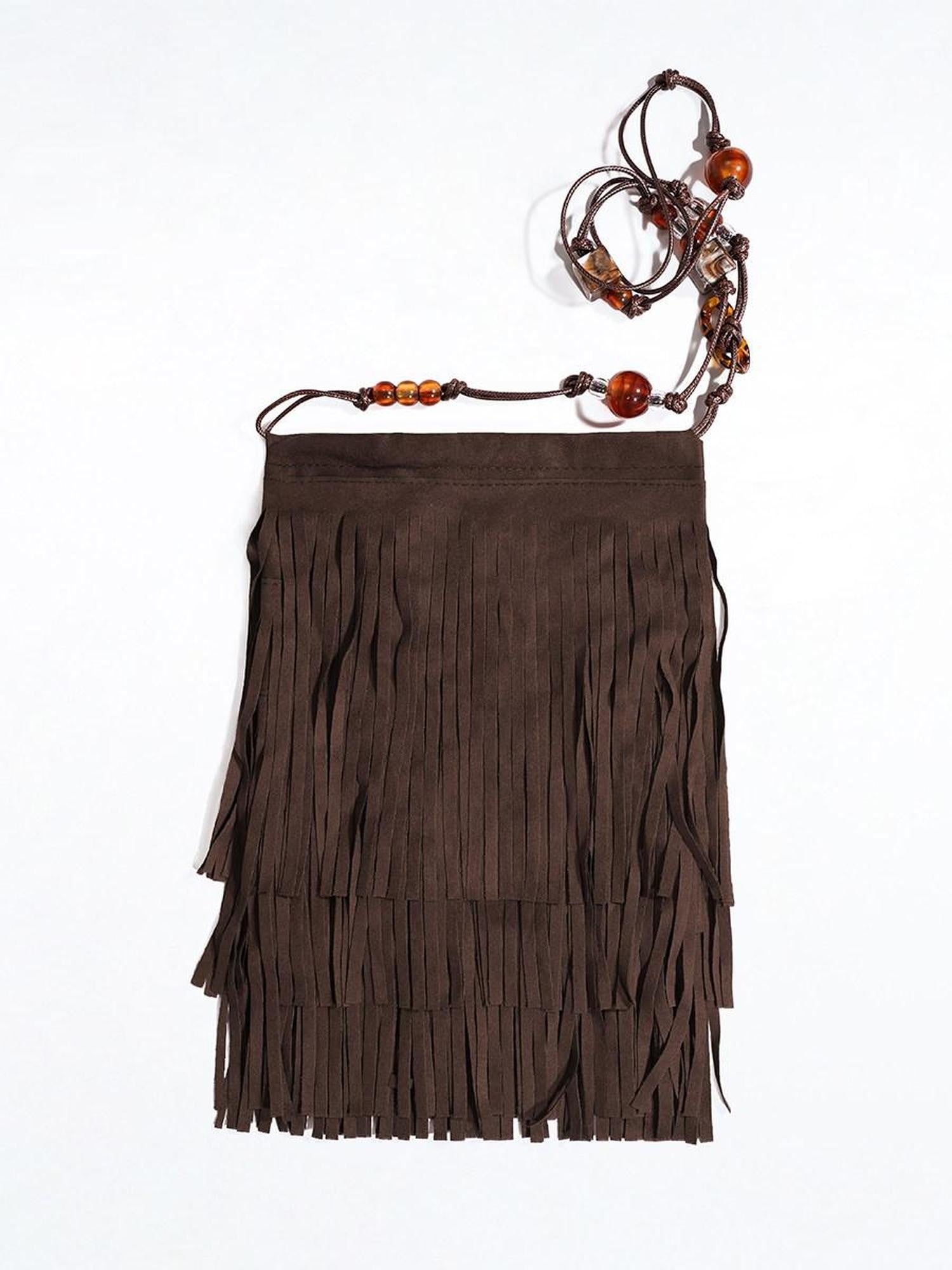 Arielink Vintage Fringe Y2k Edgy Tassel Detail Women's Coffee Brown Shoulder Bags
