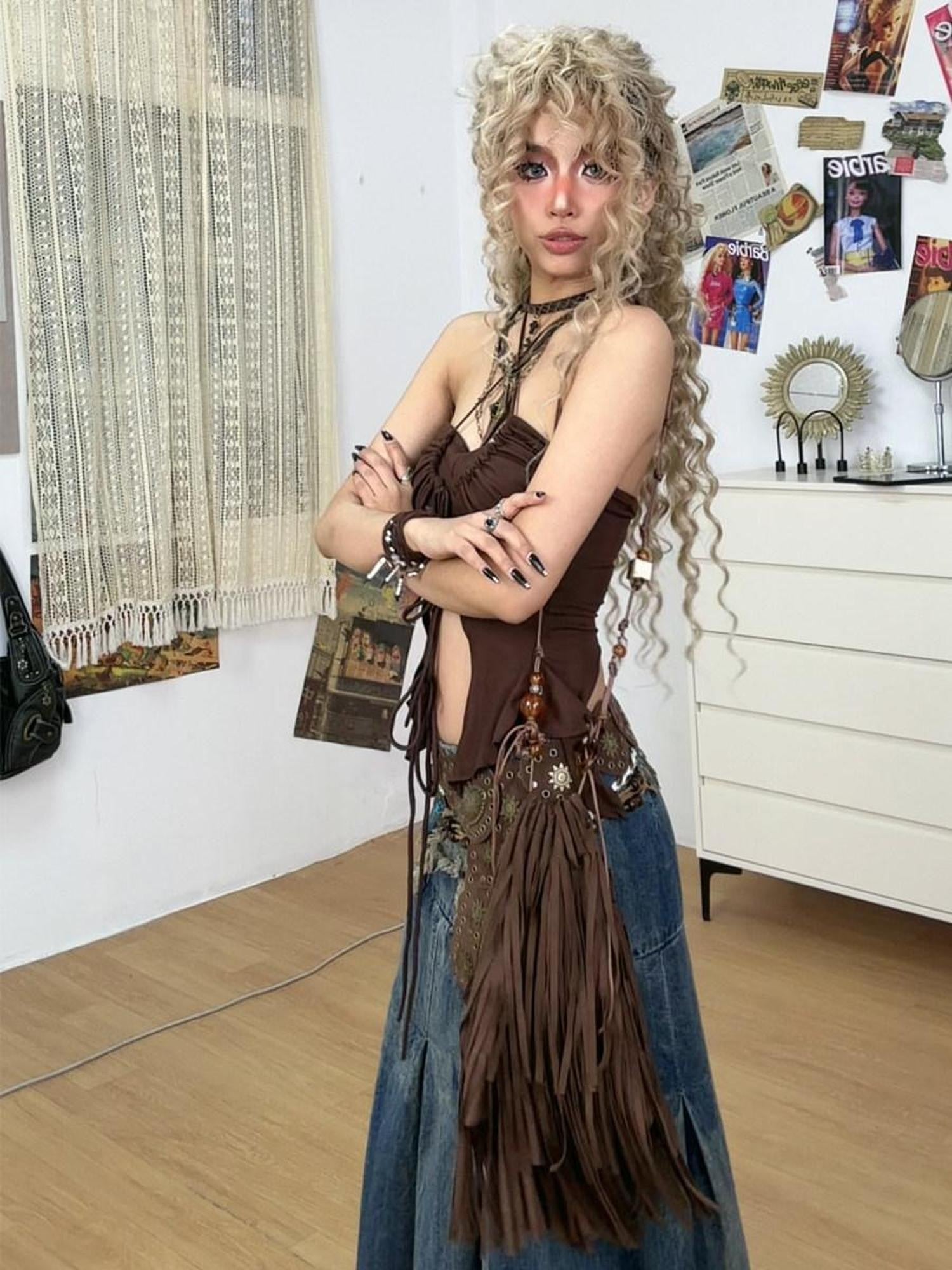 Arielink Vintage Fringe Y2k Edgy Tassel Detail Women's Coffee Brown Shoulder Bags