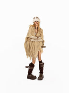 Arielink Vintage Fringed Hooded Open Cardigan Midlength Loose Women's Knit Ponchos