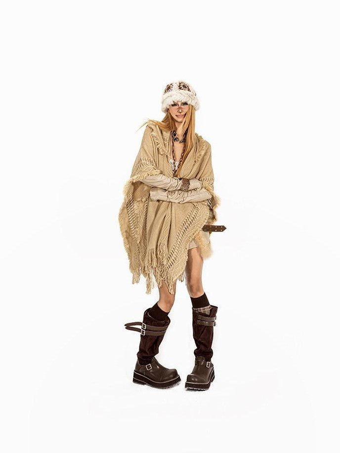 Arielink Vintage Fringed Hooded Open Cardigan Midlength Loose Women's Knit Ponchos