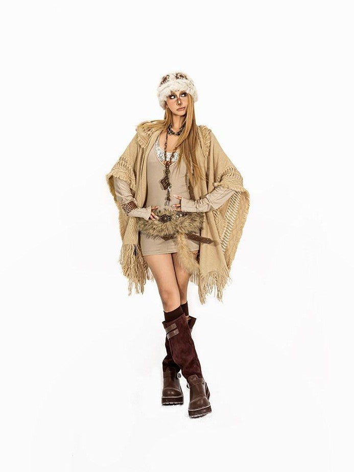 Arielink Vintage Fringed Hooded Open Cardigan Midlength Loose Women's Knit Ponchos