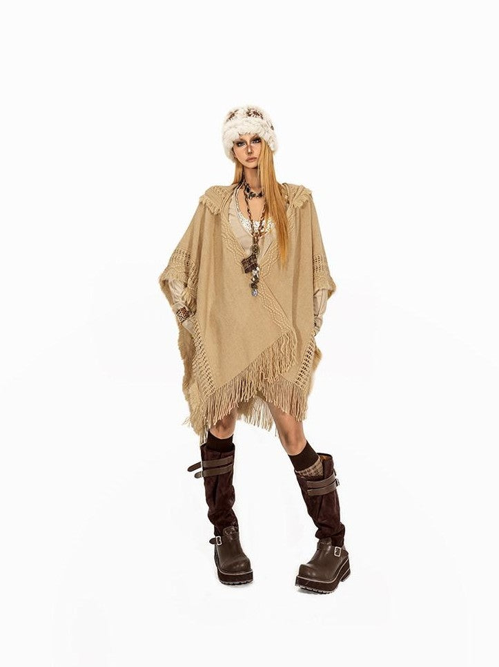 Arielink Vintage Fringed Hooded Open Cardigan Midlength Loose Women's Knit Ponchos