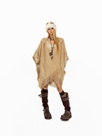 Arielink Vintage Fringed Hooded Open Cardigan Midlength Loose Women's Knit Ponchos