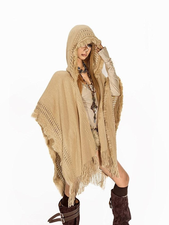 Arielink Vintage Fringed Hooded Open Cardigan Midlength Loose Women's Knit Ponchos