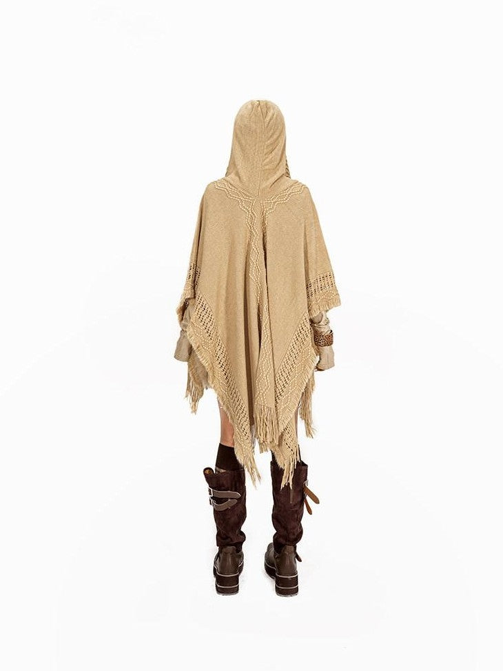 Arielink Vintage Fringed Hooded Open Cardigan Midlength Loose Women's Knit Ponchos