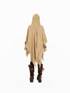 Arielink Vintage Fringed Hooded Open Cardigan Midlength Loose Women's Knit Ponchos
