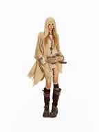 Arielink Vintage Fringed Hooded Open Cardigan Midlength Loose Women's Knit Ponchos