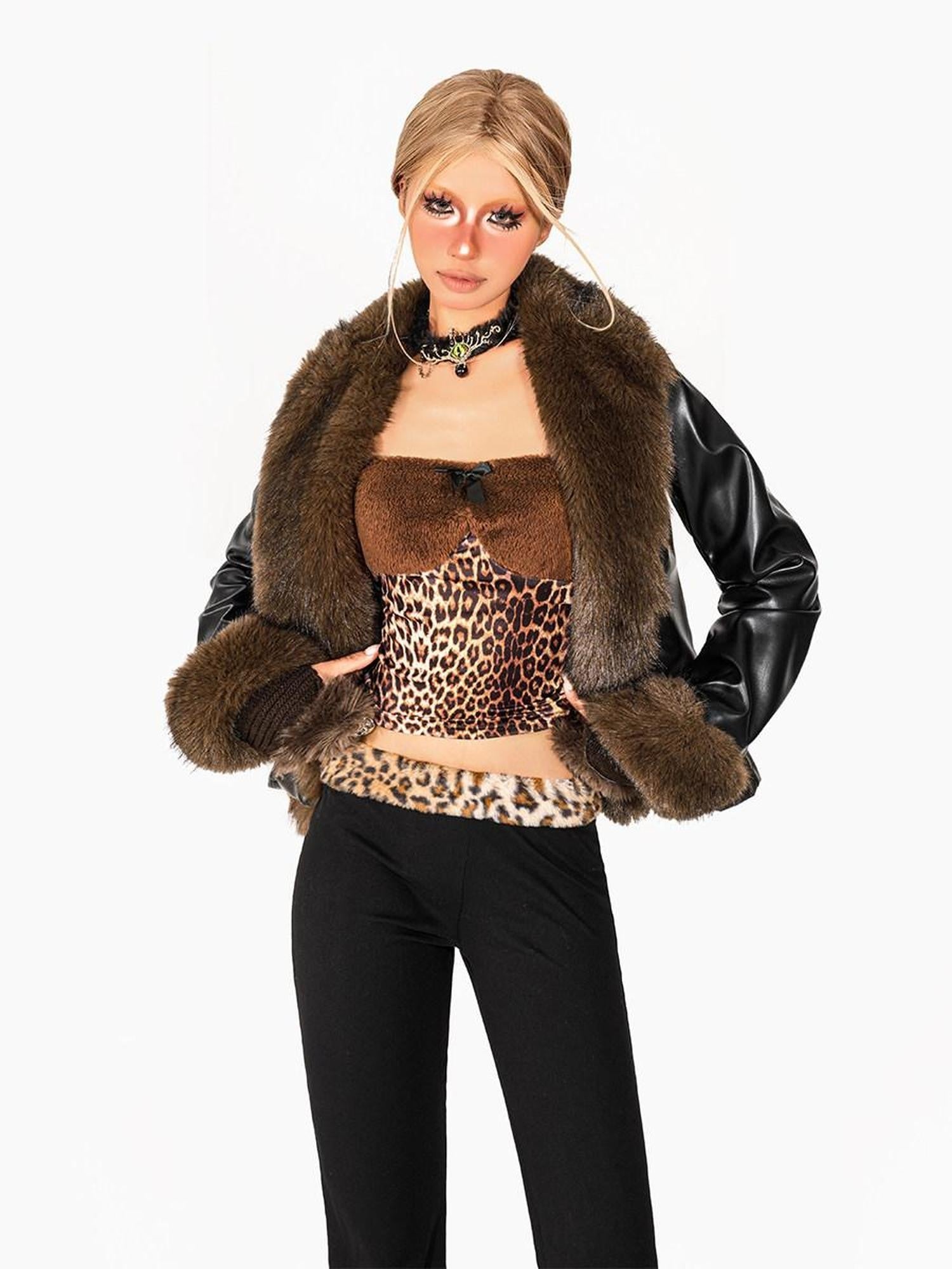 Arielink Vintage Fur Collar Fringe Colorblock Patchwork Women's Faux Leather Jackets