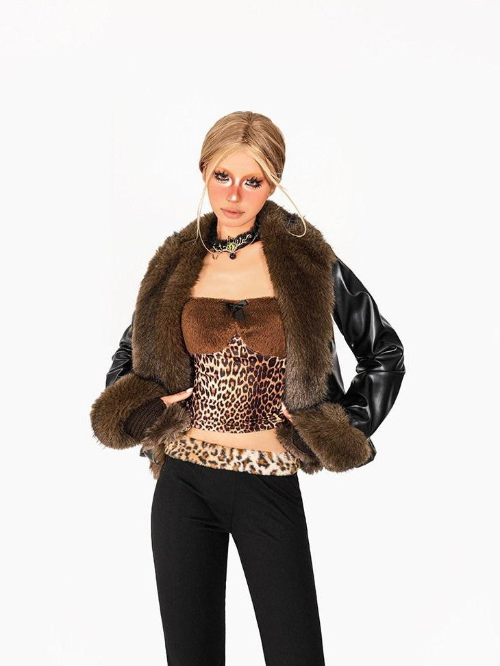 Arielink Vintage Fur Collar Fringe Colorblock Patchwork Women's Faux Leather Jackets