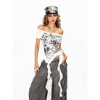 Arielink Vintage Graffiti Asymmetric One Shoulder Ribbon Women's Short Sleeve T-shirts 946478841534