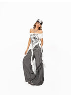Arielink Vintage Graffiti Asymmetric One Shoulder Ribbon Women's Short Sleeve T-shirts