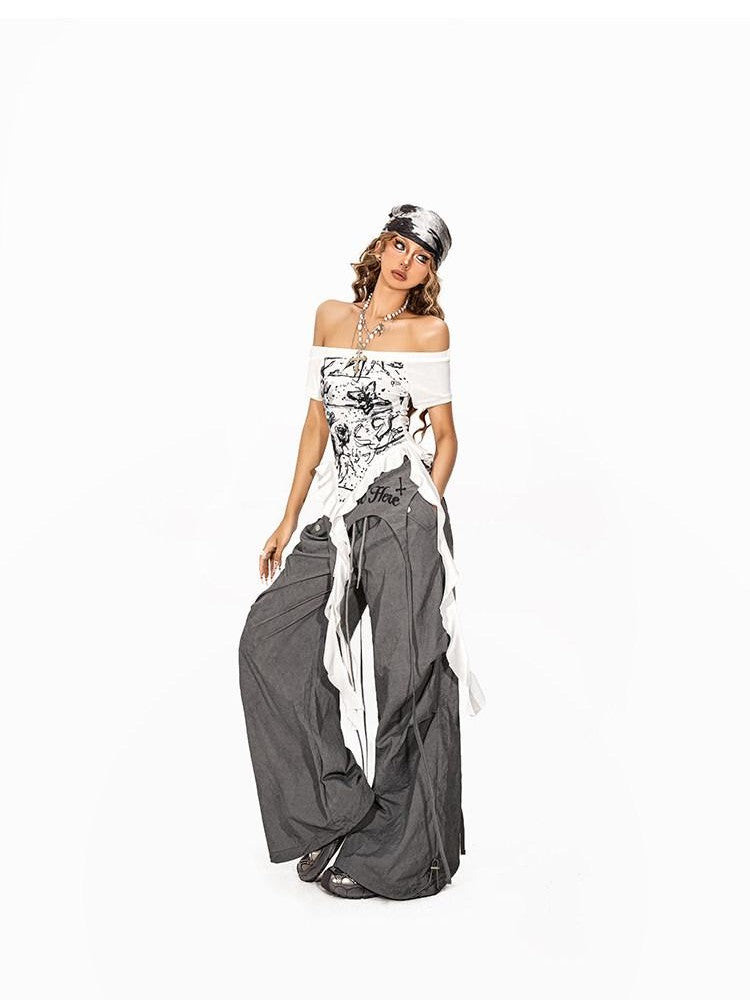 Arielink Vintage Graffiti Asymmetric One Shoulder Ribbon Women's Short Sleeve T-shirts
