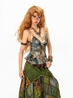 Arielink Vintage Green Floral Print Ruffle Open Back Women's Mesh Camisoles