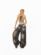 Arielink Vintage Halter Mesh Cropped Open Back Slim Fit Women's Tank Tops