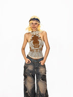 Arielink Vintage Halter Mesh Cropped Open Back Slim Fit Women's Tank Tops