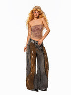 Arielink Vintage Irregular Distressed Cutout Printed Bandeau Women's Mesh Tank Tops