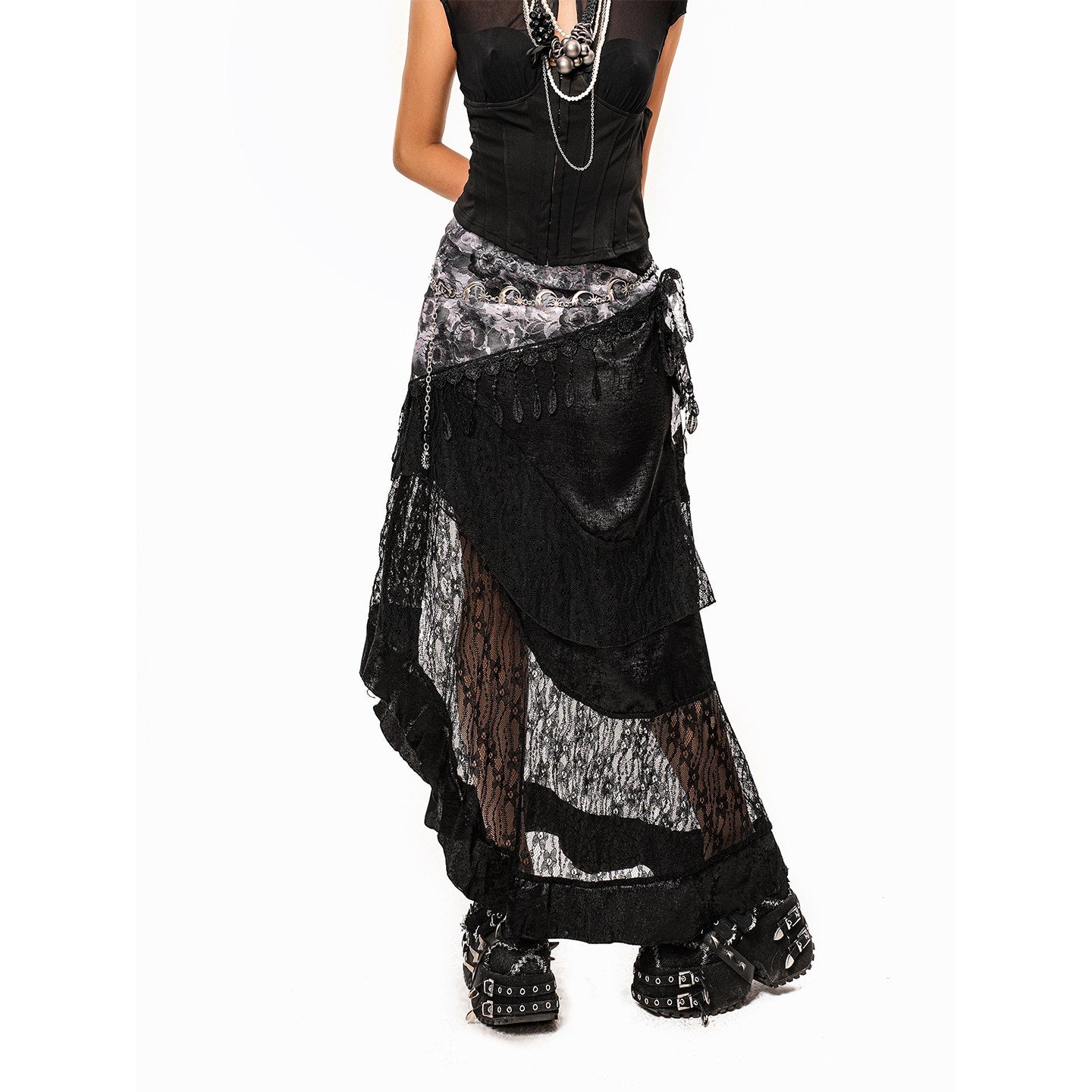 Arielink Vintage Layered Asymmetric Patchwork Punk A Line Women's Lace Midi Skirts 1043113311953