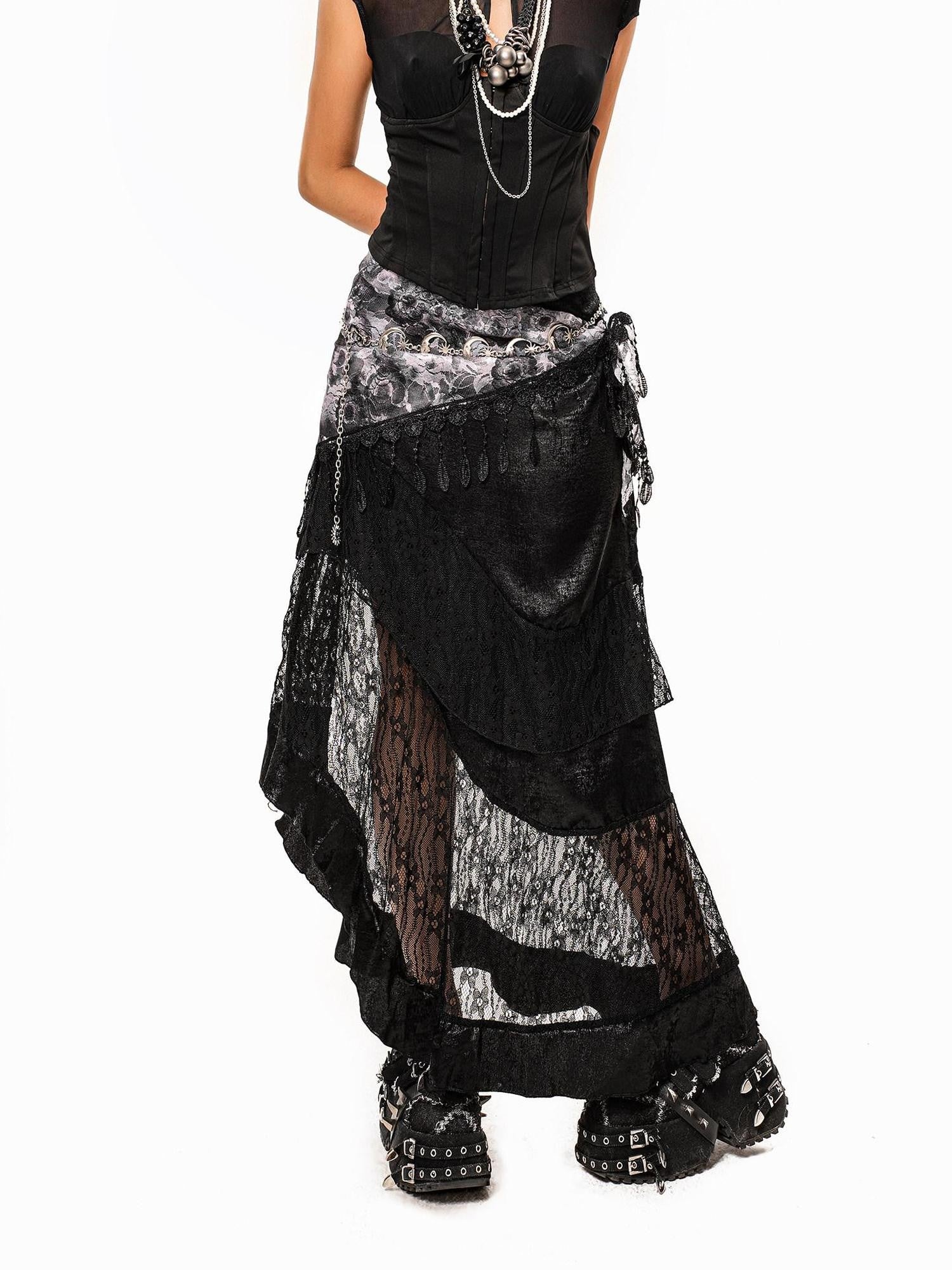 Arielink Vintage Layered Asymmetric Patchwork Punk A Line Women's Lace Midi Skirts