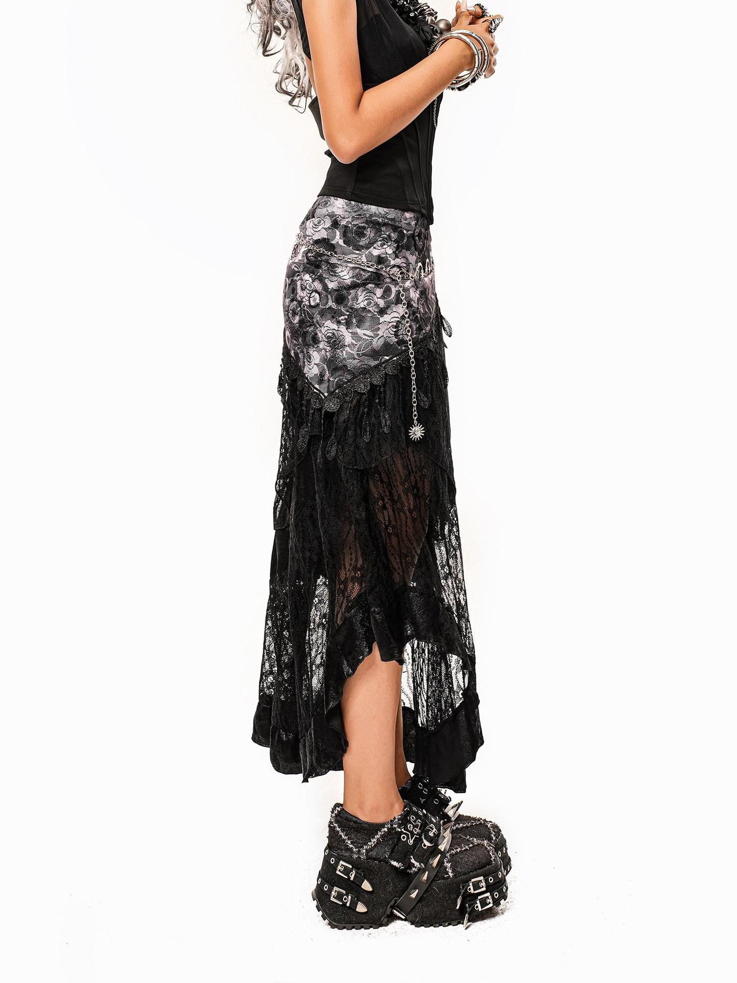 Arielink Vintage Layered Asymmetric Patchwork Punk A Line Women's Lace Midi Skirts