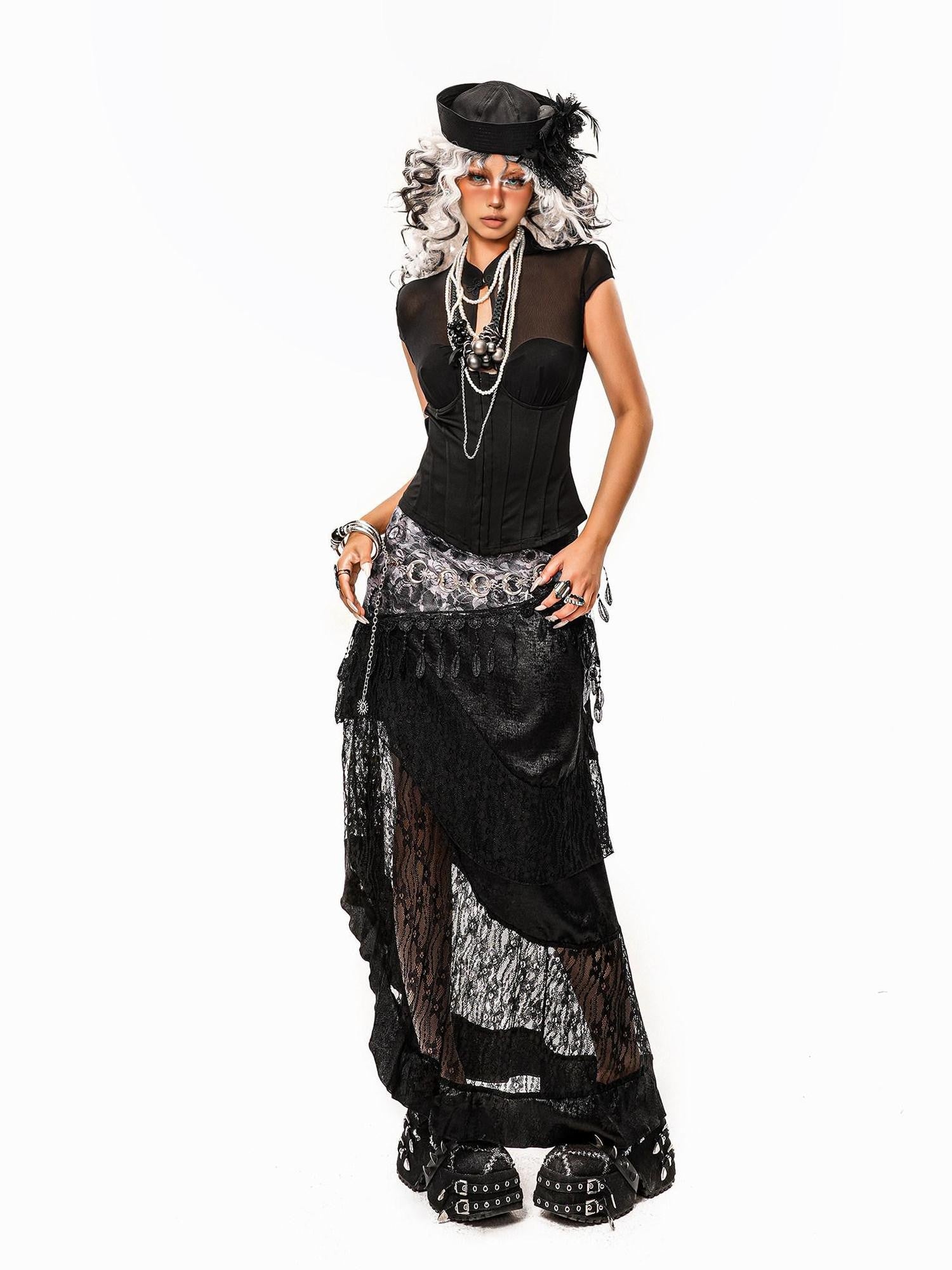 Arielink Vintage Layered Asymmetric Patchwork Punk A Line Women's Lace Midi Skirts