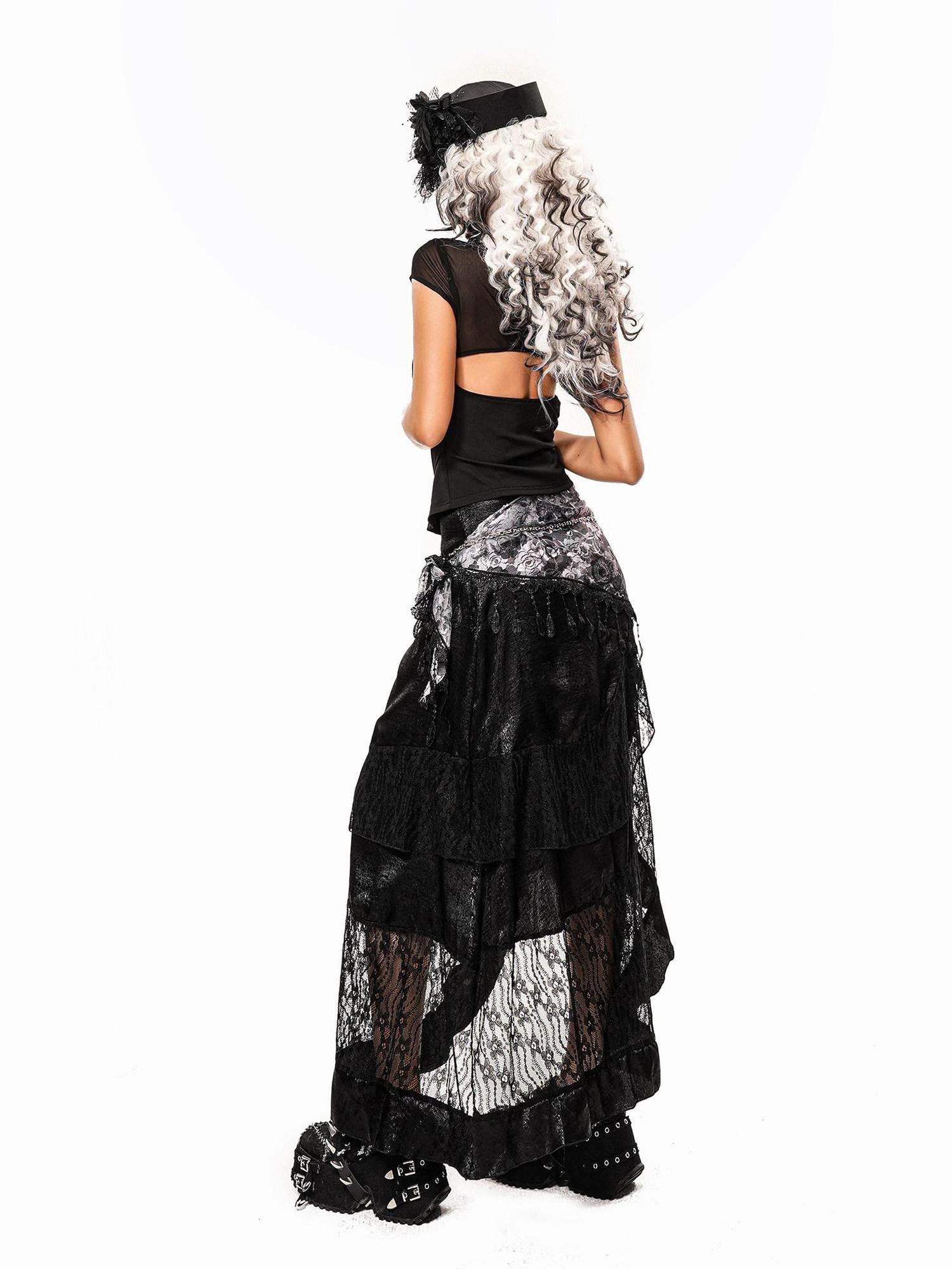 Arielink Vintage Layered Asymmetric Patchwork Punk A Line Women's Lace Midi Skirts