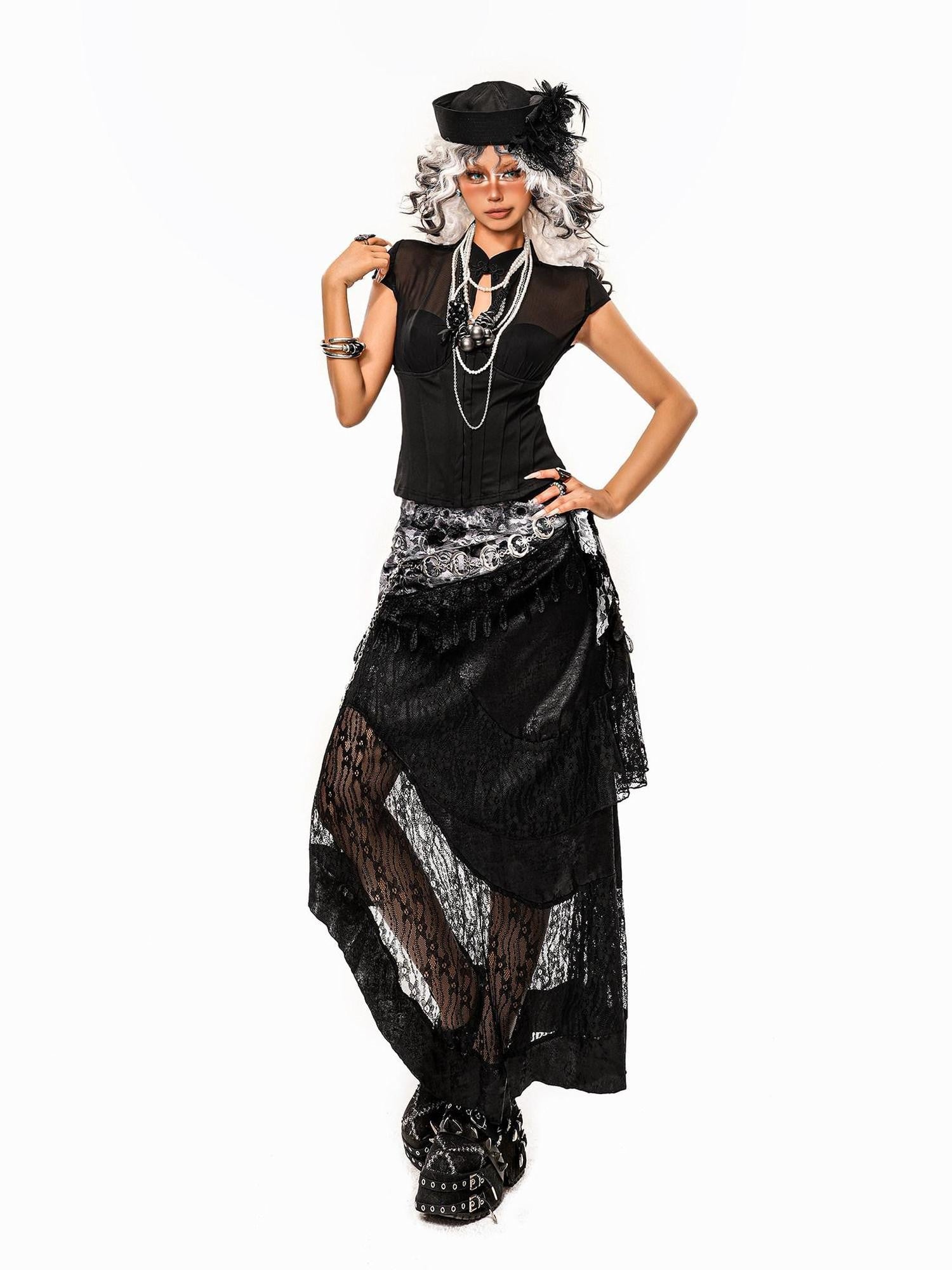 Arielink Vintage Layered Asymmetric Patchwork Punk A Line Women's Lace Midi Skirts