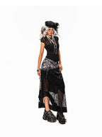 Arielink Vintage Layered Asymmetric Patchwork Punk A Line Women's Lace Midi Skirts