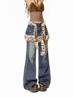 Arielink Vintage Leopard Patchwork Faux Fur Layered Butt Flap Women's Wide-leg Jeans