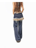 Arielink Vintage Leopard Patchwork Faux Fur Layered Butt Flap Women's Wide-leg Jeans