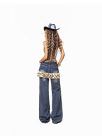 Arielink Vintage Leopard Patchwork Faux Fur Layered Butt Flap Women's Wide-leg Jeans
