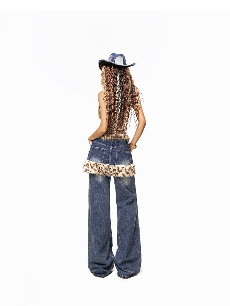 Arielink Vintage Leopard Patchwork Faux Fur Layered Butt Flap Women's Wide-leg Jeans