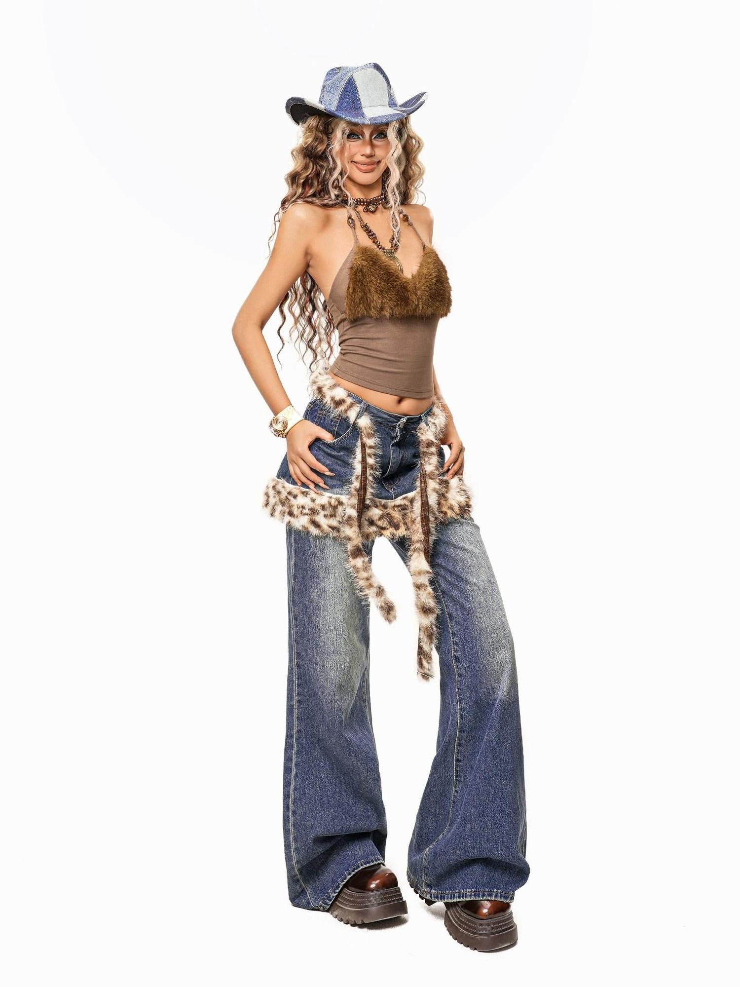 Arielink Vintage Leopard Patchwork Faux Fur Layered Butt Flap Women's Wide-leg Jeans