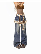 Arielink Vintage Leopard Patchwork Faux Fur Layered Butt Flap Women's Wide-leg Jeans