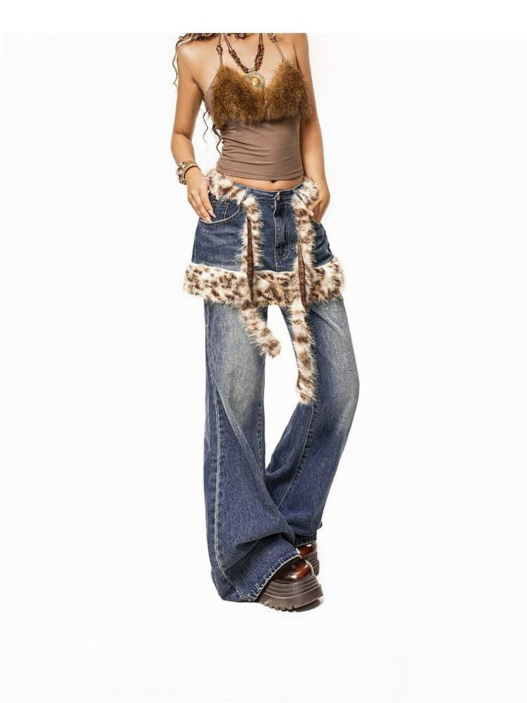 Arielink Vintage Leopard Patchwork Faux Fur Layered Butt Flap Women's Wide-leg Jeans