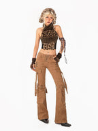 Arielink Vintage Leopard Patchwork Fuzzy Halter Asymmetric Backless Women's Tank Tops