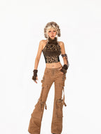 Arielink Vintage Leopard Patchwork Fuzzy Halter Asymmetric Backless Women's Tank Tops