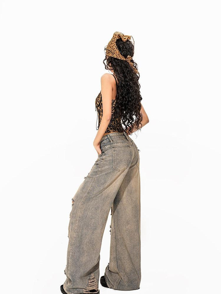 Arielink Vintage Leopard Print Cutout Lace Up Backless Cropped Women's Camisoles