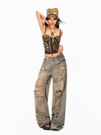 Arielink Vintage Leopard Print Cutout Lace Up Backless Cropped Women's Camisoles