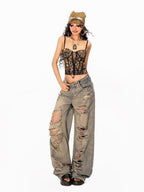 Arielink Vintage Leopard Print Cutout Lace Up Backless Cropped Women's Camisoles