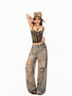 Arielink Vintage Leopard Print Cutout Lace Up Backless Cropped Women's Camisoles