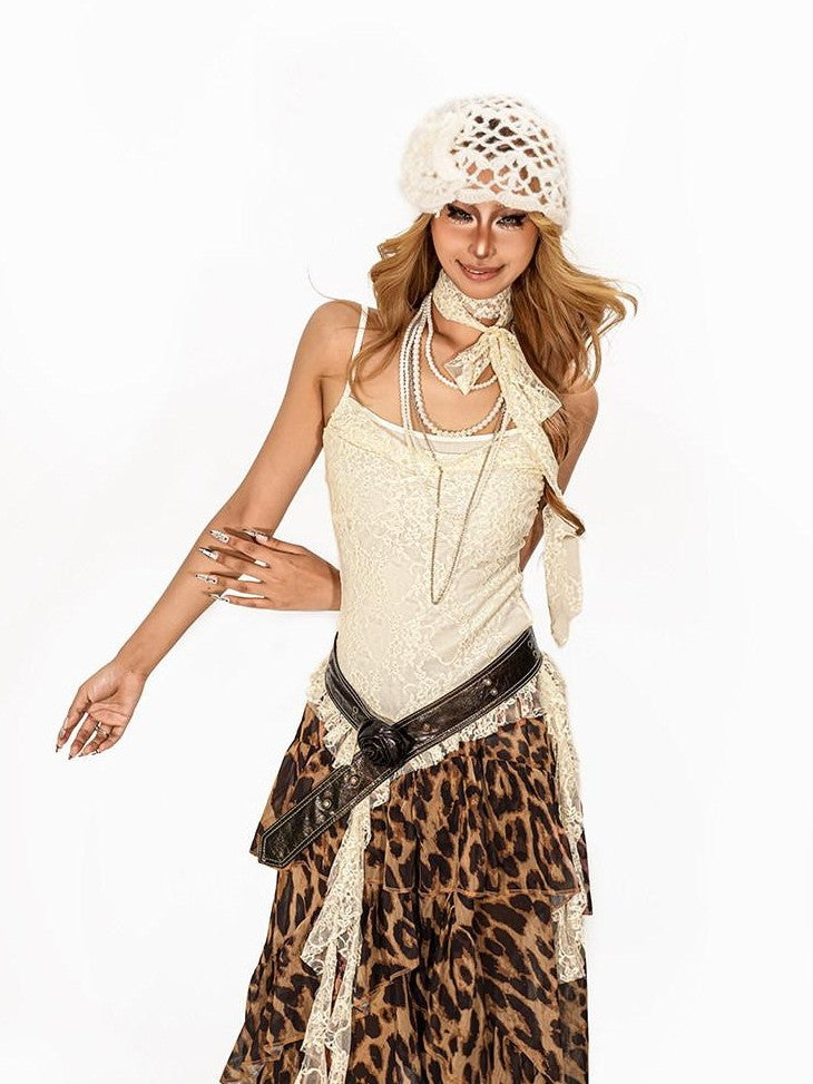 Arielink Vintage Leopard Tie Dye Asymmetric Layered Cake Women's Mesh Midi Skirts