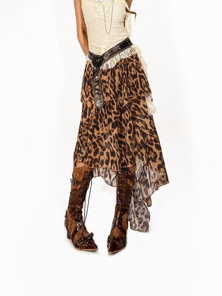 Arielink Vintage Leopard Tie Dye Asymmetric Layered Cake Women's Mesh Midi Skirts