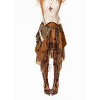 Arielink Vintage Mesh Patchwork Asymmetrical Women's Suede Midi Skirts 1048822861784