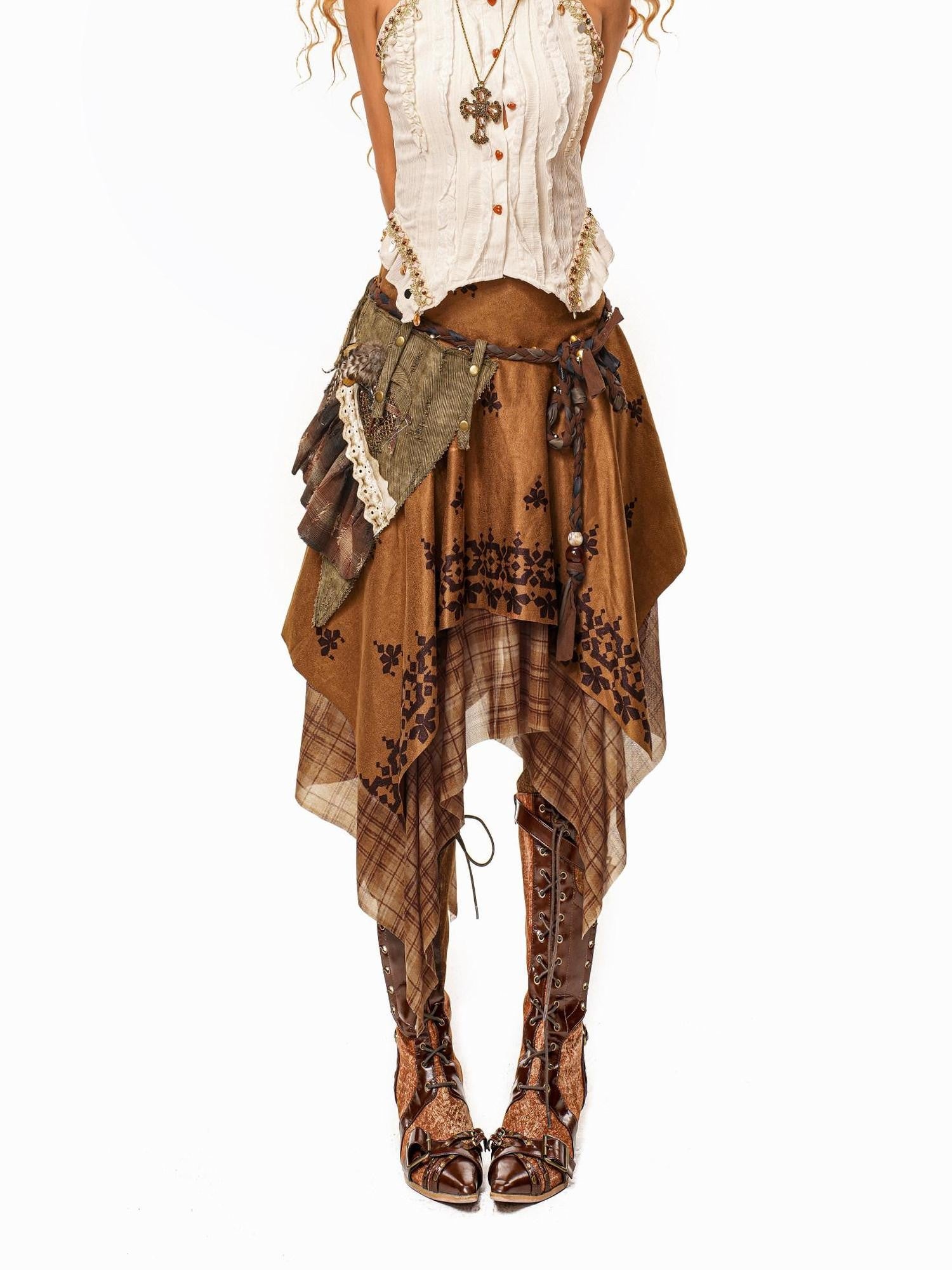 Arielink Vintage Mesh Patchwork Asymmetrical Women's Suede Midi Skirts